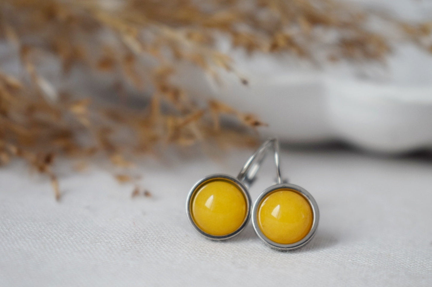 Yellow jade earrings, Gemstone dangle earrings, Leverback earrings stone, 8mm, Small hanging round earrings, Handmade jewelry, Gift for her