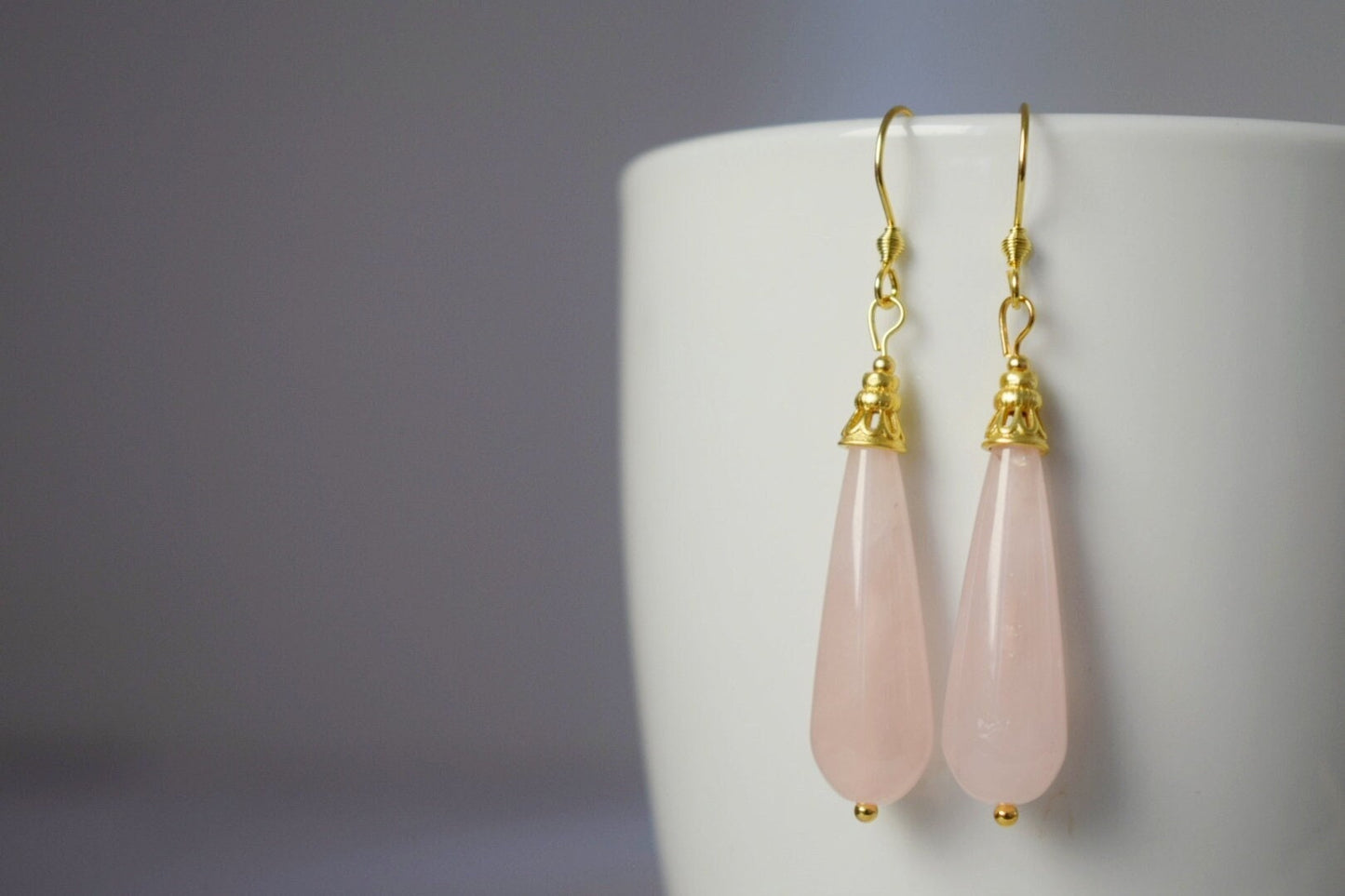 Natural rose quartz teardrop earrings, Long drop earrings, Gemstone dangle earrings, Gold plated stainless steel, Rose quartz jewelry