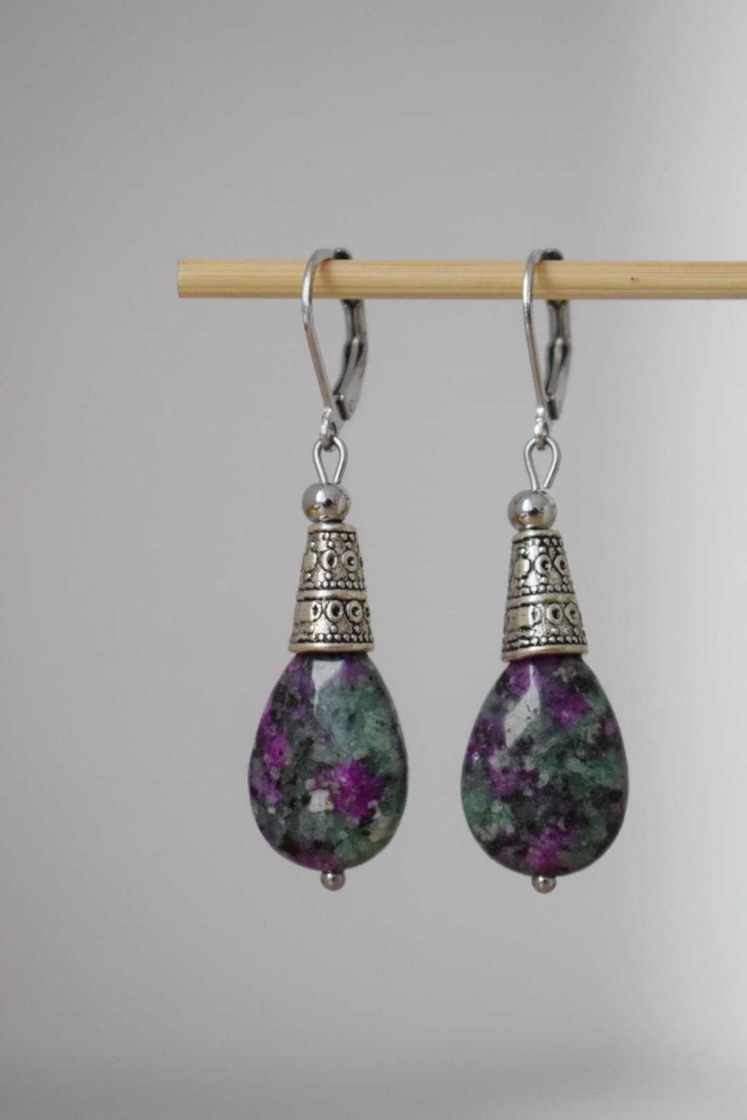 Ruby In Zoisite hoop earrings, Teardrop beaded huggies, Dangle gemstone stainless steel earrings, Green, Pink, Silver, Ruby fuchsite jewelry