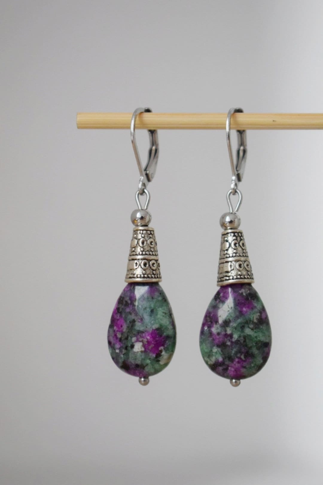 Ruby In Zoisite hoop earrings, Teardrop beaded huggies, Dangle gemstone stainless steel earrings, Green, Pink, Silver, Ruby fuchsite jewelry