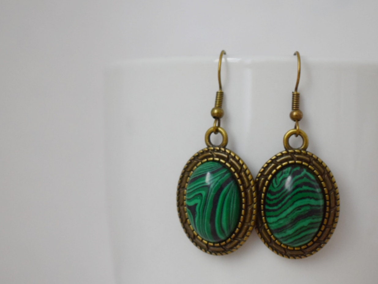Vintage malachite earrings dangle, Oval green gemstone hanging earrings, Long statement filigree earrings, Malachite jewelry, Gift for women