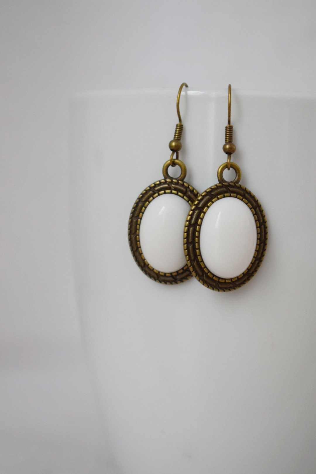 Vintage white jade dangle earrings, Gemstone drop earrings, Stone hanging earrings, Statement filigree earrings, Jewelry gift for women
