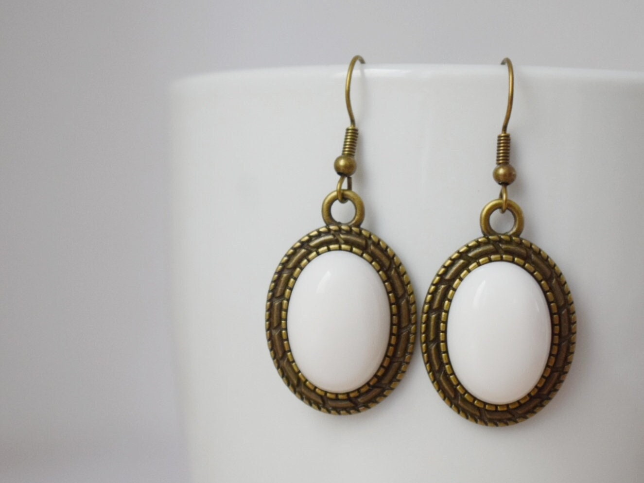 Vintage white jade dangle earrings, Gemstone drop earrings, Stone hanging earrings, Statement filigree earrings, Jewelry gift for women