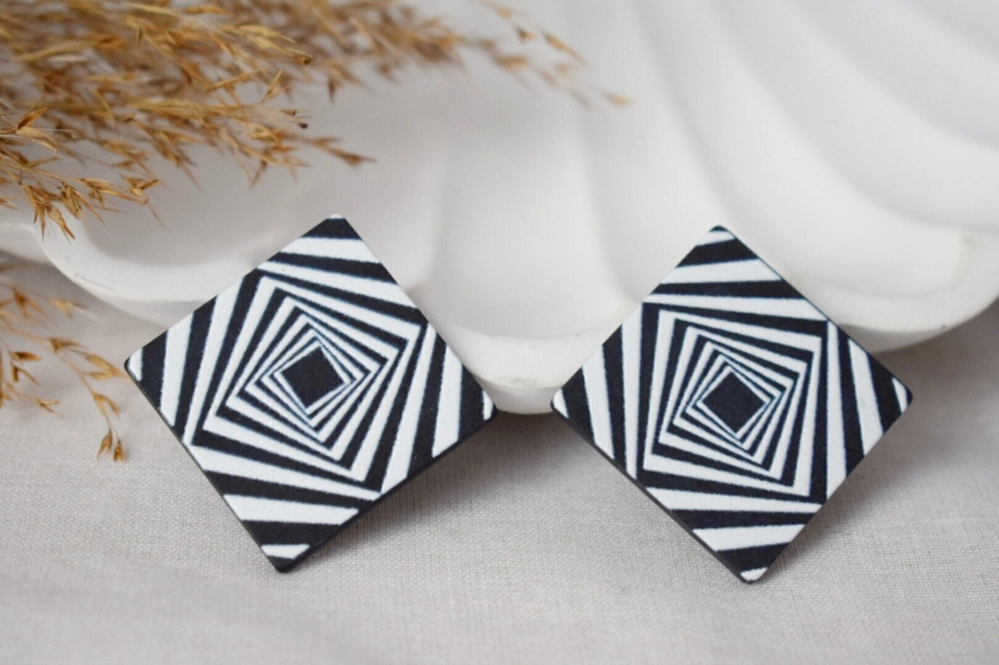 Rhombus earrings, Big square stud earrings, Black white, Stripe pattern stud earrings with 925 sterling silver studs, Jewelry gift for her