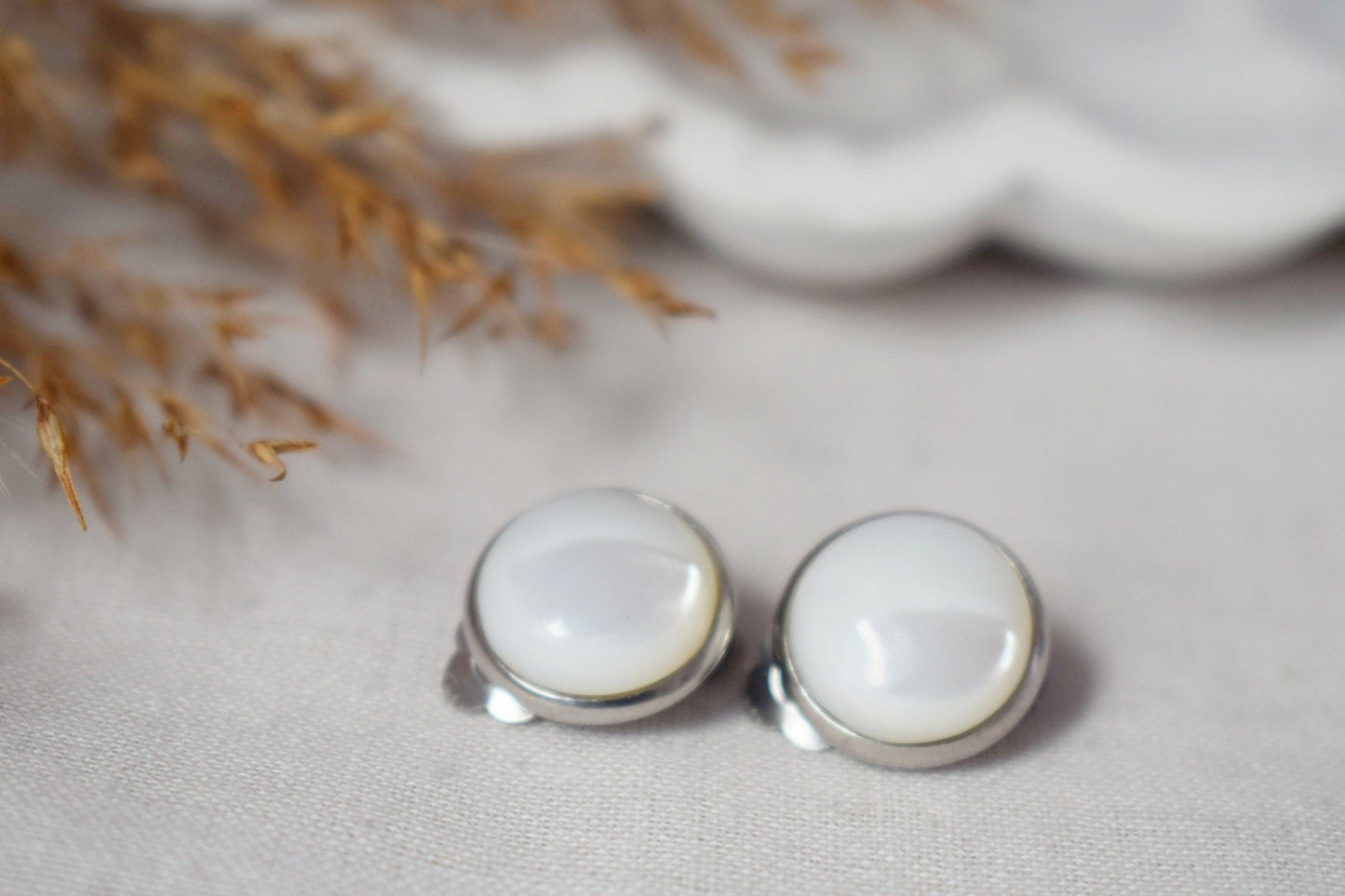 Mother of pearl clip on earrings, 12mm, White pearl, Stainless steel, Pearl ear clips for women, Non pierced earrings, Pearl jewelry