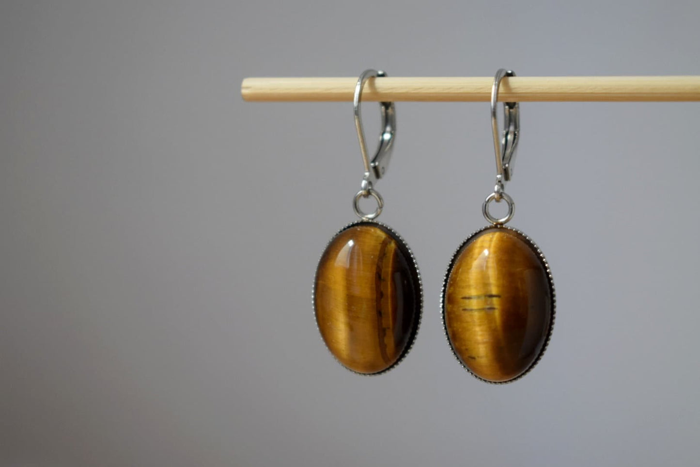 Tiger's eye huggie hoops earrings, Oval gemstone pendant charm, Gold brown stone dangle earrings, Chakra jewelry for women, Christmas gift