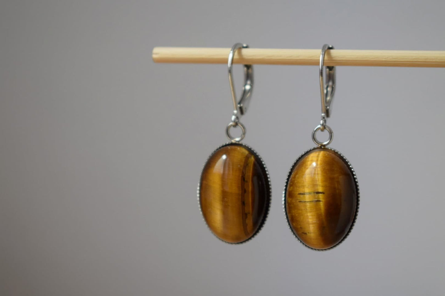 Tiger's eye huggie hoops earrings, Oval gemstone pendant charm, Gold brown stone dangle earrings, Chakra jewelry for women, Christmas gift
