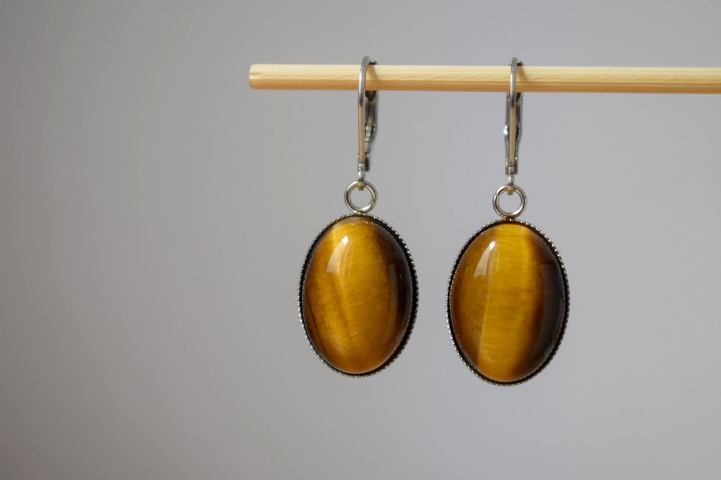 Tiger's eye huggie hoops earrings, Oval gemstone pendant charm, Gold brown stone dangle earrings, Chakra jewelry for women, Christmas gift