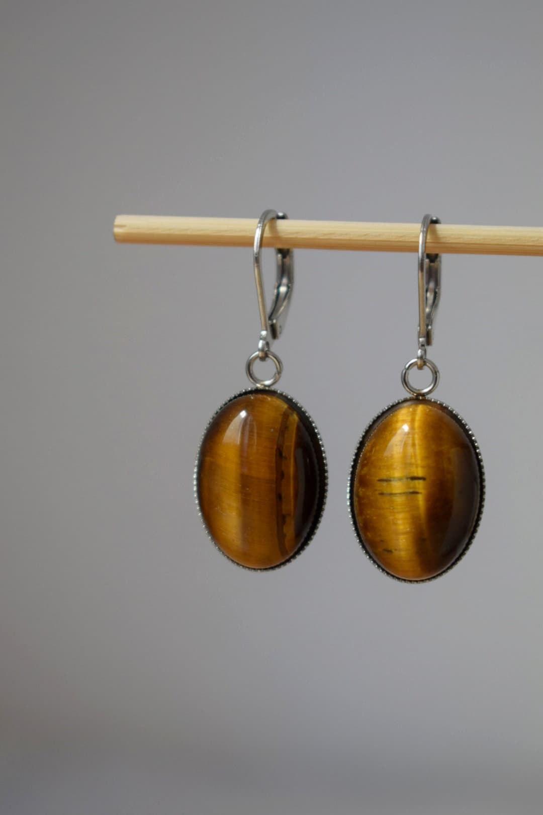 Tiger's eye huggie hoops earrings, Oval gemstone pendant charm, Gold brown stone dangle earrings, Chakra jewelry for women, Christmas gift