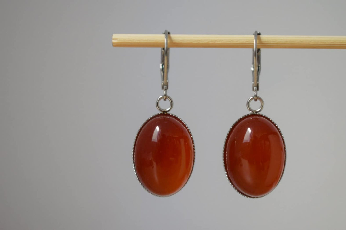 Red agate huggie hoops, Oval gemstone dangle earrings, Red hanging earrings, Stainless steel, Agate jewelry, Christmas gift for women