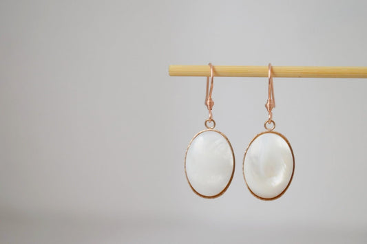 Freshwater pearl earrings, Rose gold dangle earrings, Oval shell pendant, Bridesmaid, Wedding rose gold jewelry, Handmade gift for her