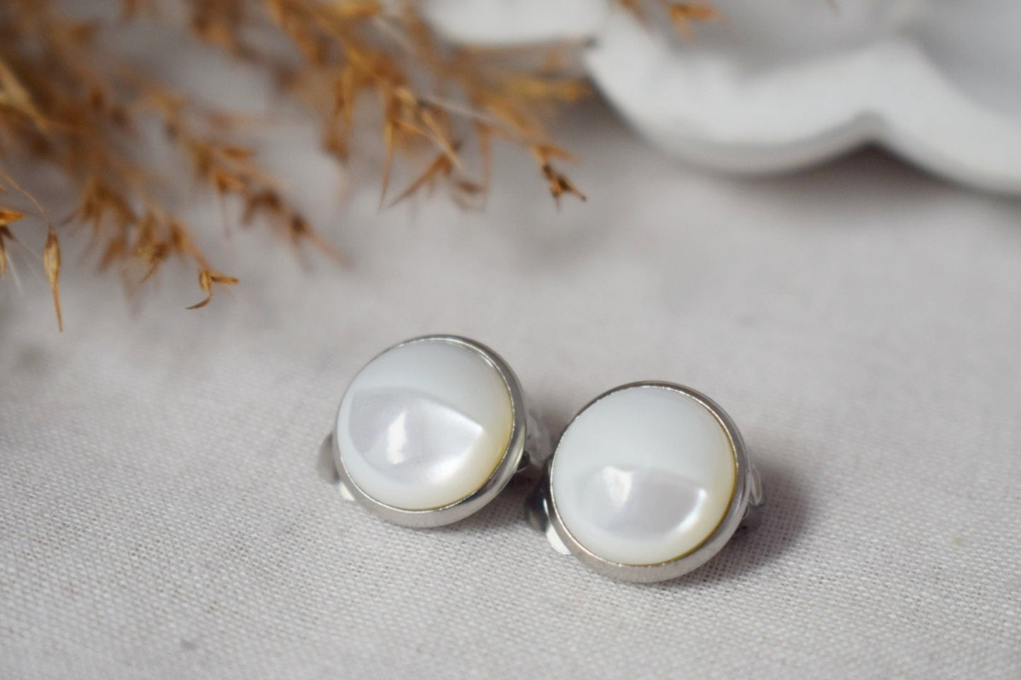 Mother of pearl clip on earrings, 12mm, White pearl, Stainless steel, Pearl ear clips for women, Non pierced earrings, Pearl jewelry