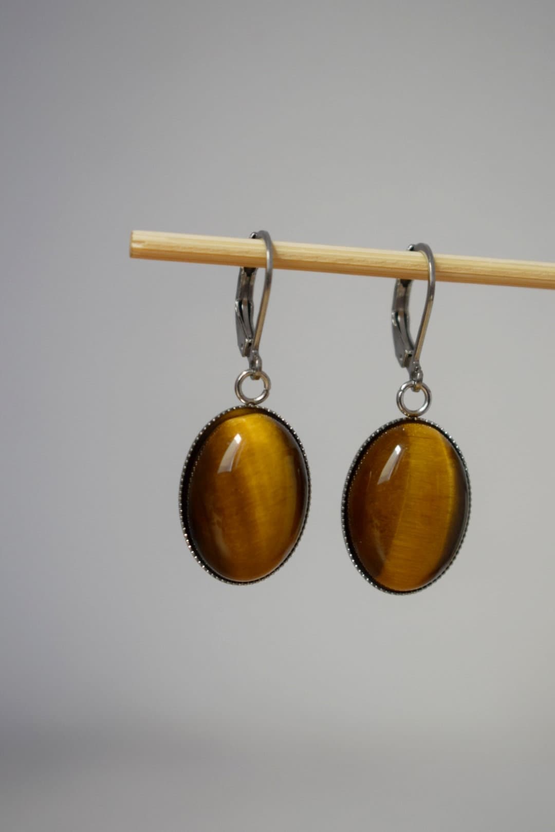 Tiger's eye huggie hoops earrings, Oval gemstone pendant charm, Gold brown stone dangle earrings, Chakra jewelry for women, Christmas gift