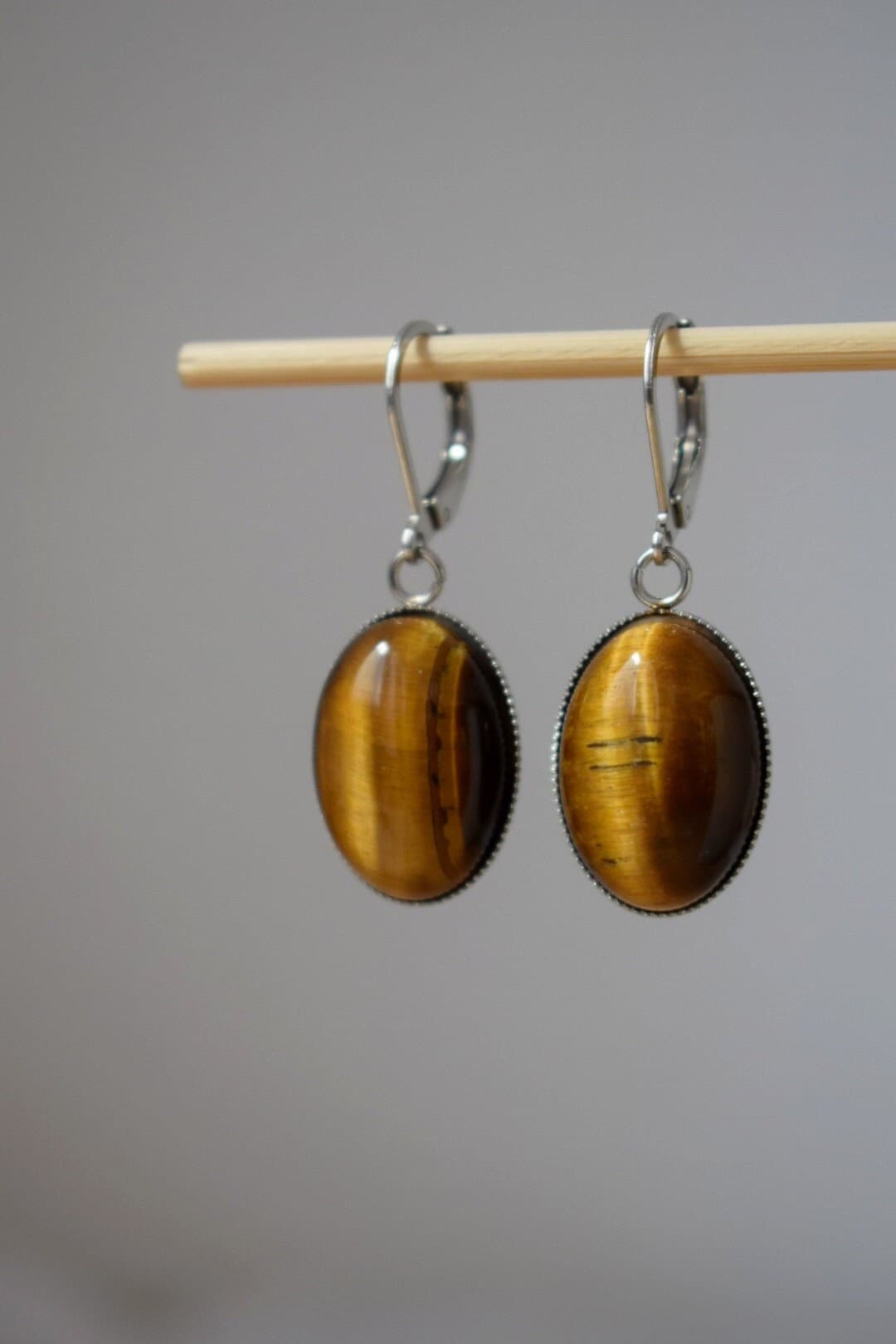 Tiger's eye huggie hoops earrings, Oval gemstone pendant charm, Gold brown stone dangle earrings, Chakra jewelry for women, Christmas gift