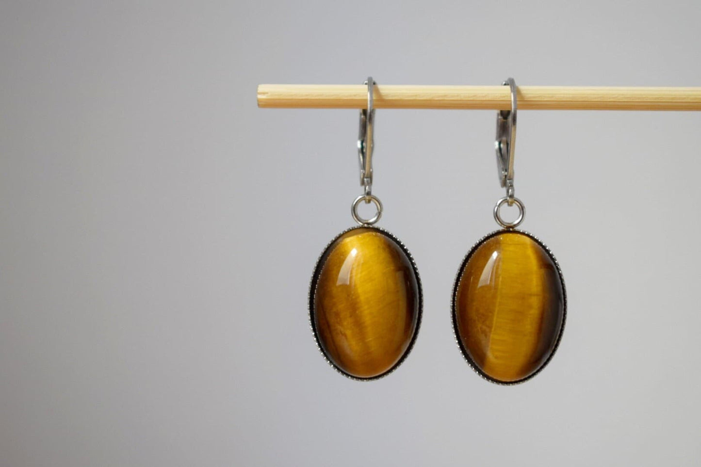 Tiger's eye huggie hoops earrings, Oval gemstone pendant charm, Gold brown stone dangle earrings, Chakra jewelry for women, Christmas gift