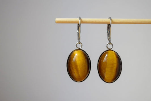 Tiger's eye huggie hoops earrings, Oval gemstone pendant charm, Gold brown stone dangle earrings, Chakra jewelry for women, Christmas gift