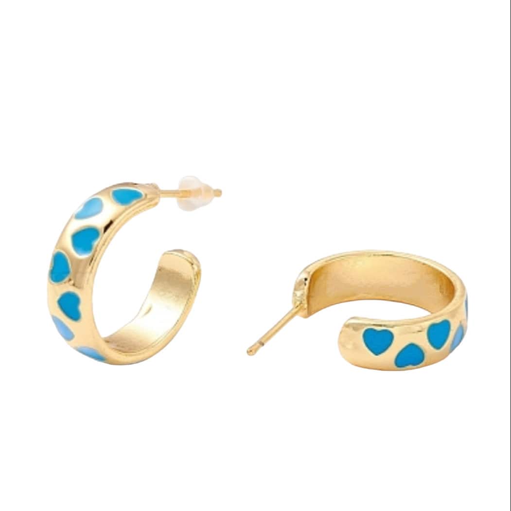 Half open hoop heart pattern enamel stud earrings, Half circle, C shape, Semicircle, 18k gold plated, Modern statement Hoops, Gift for her