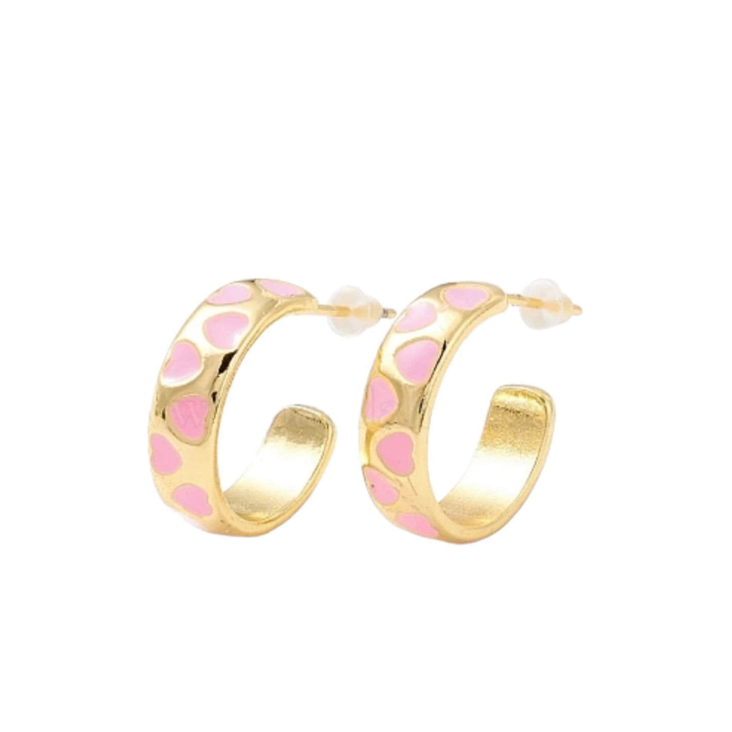 Half open hoop heart pattern enamel stud earrings, Half circle, C shape, Semicircle, 18k gold plated, Modern statement Hoops, Gift for her