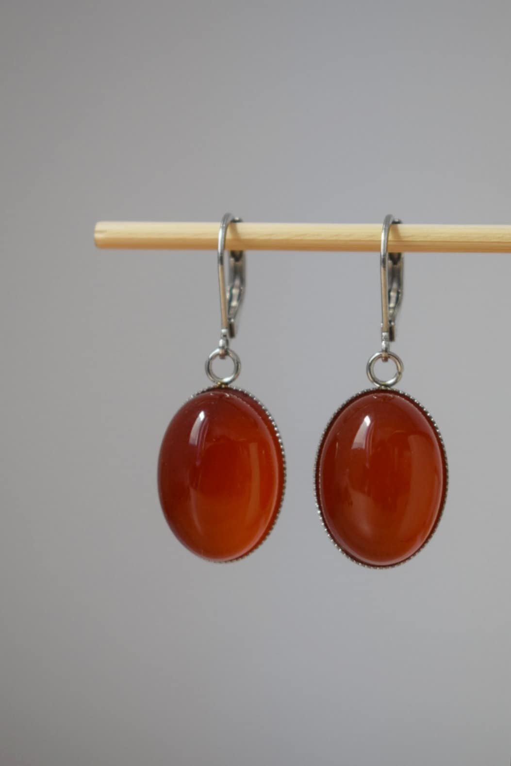 Red agate huggie hoops, Oval gemstone dangle earrings, Red hanging earrings, Stainless steel, Agate jewelry, Christmas gift for women