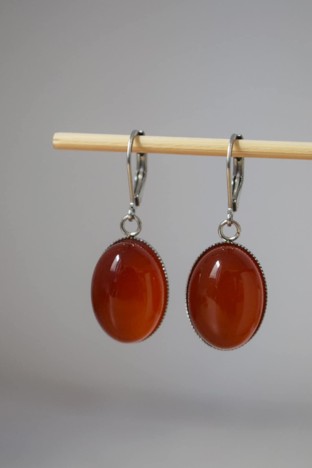 Red agate huggie hoops, Oval gemstone dangle earrings, Red hanging earrings, Stainless steel, Agate jewelry, Christmas gift for women