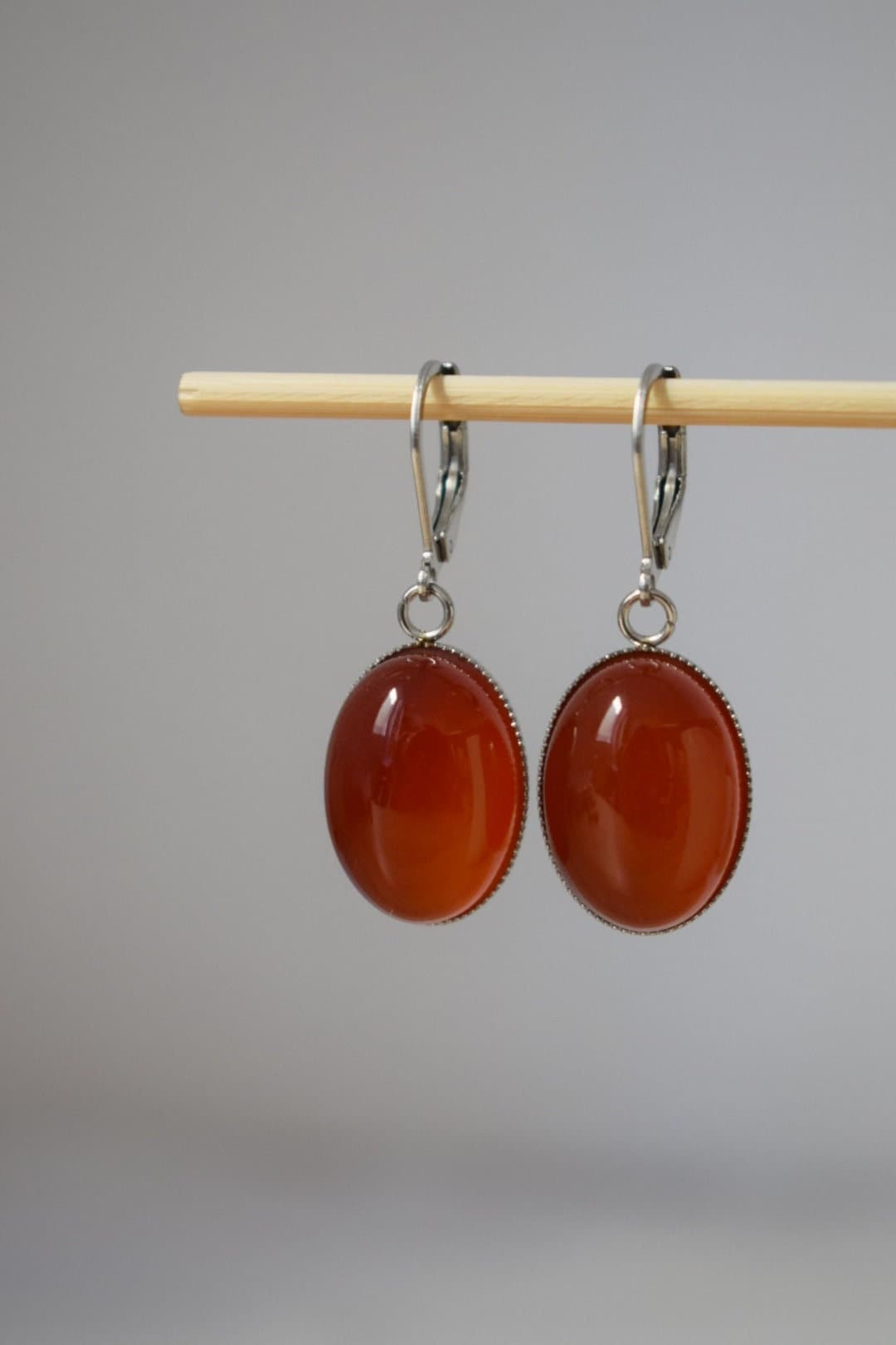 Red agate huggie hoops, Oval gemstone dangle earrings, Red hanging earrings, Stainless steel, Agate jewelry, Christmas gift for women