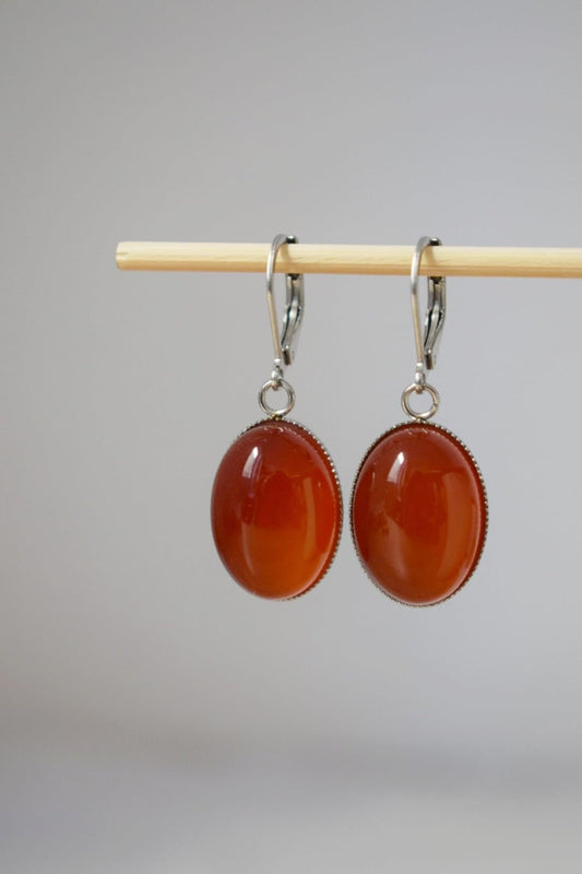 Red agate huggie hoops, Oval gemstone dangle earrings, Red hanging earrings, Stainless steel, Agate jewelry, Christmas gift for women