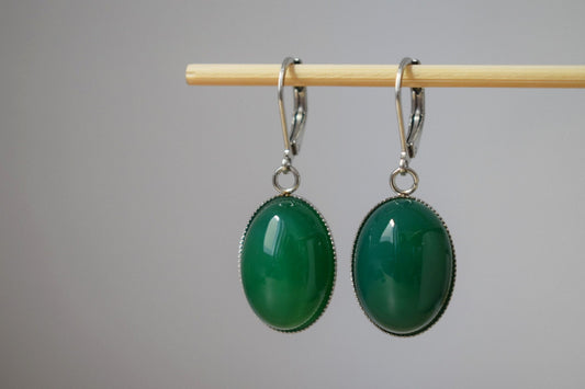 Huggie Hoop earrings with gemstone green agate, Oval stone dangle earrings, Stainless steel, Agate jewelry, Christmas gift for women