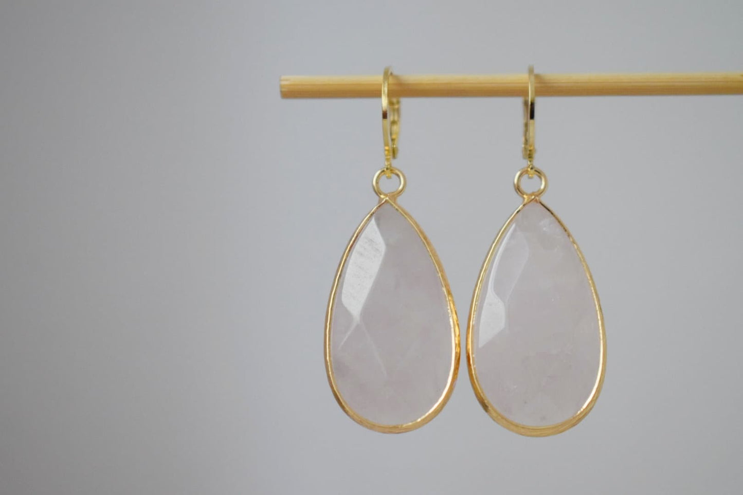 Teardrop rose quartz huggie earrings, Long gold plated gemstone earrings, Faceted pink pendant, Stainless steel, Rose quartz jewelry, Gift
