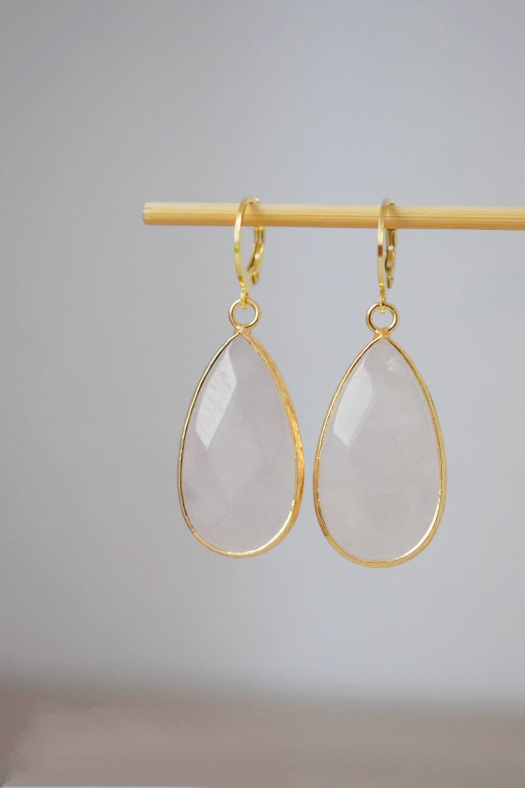 Teardrop rose quartz huggie earrings, Long gold plated gemstone earrings, Faceted pink pendant, Stainless steel, Rose quartz jewelry, Gift