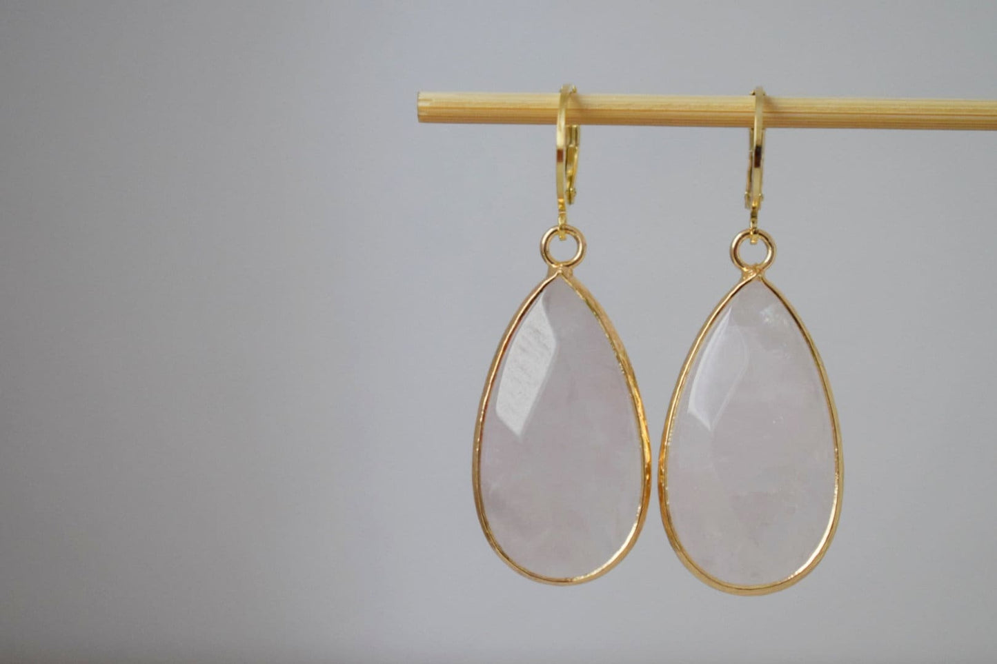 Teardrop rose quartz huggie earrings, Long gold plated gemstone earrings, Faceted pink pendant, Stainless steel, Rose quartz jewelry, Gift