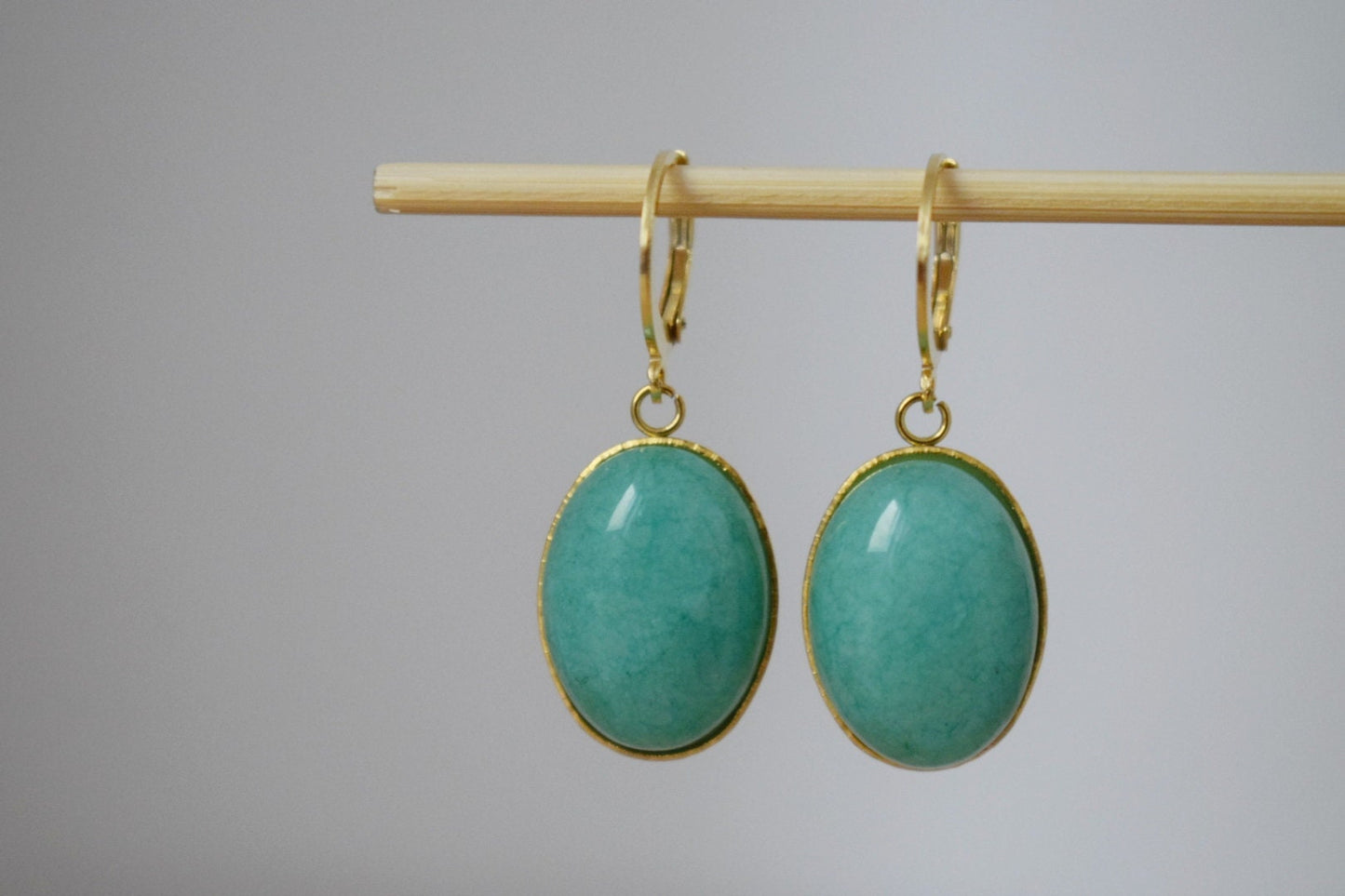 Huggie hoop earrings with Turquoise Jade, Oval stone pendant dangle drop lever back earrings, Stainless steel, Small jewelry gift for her