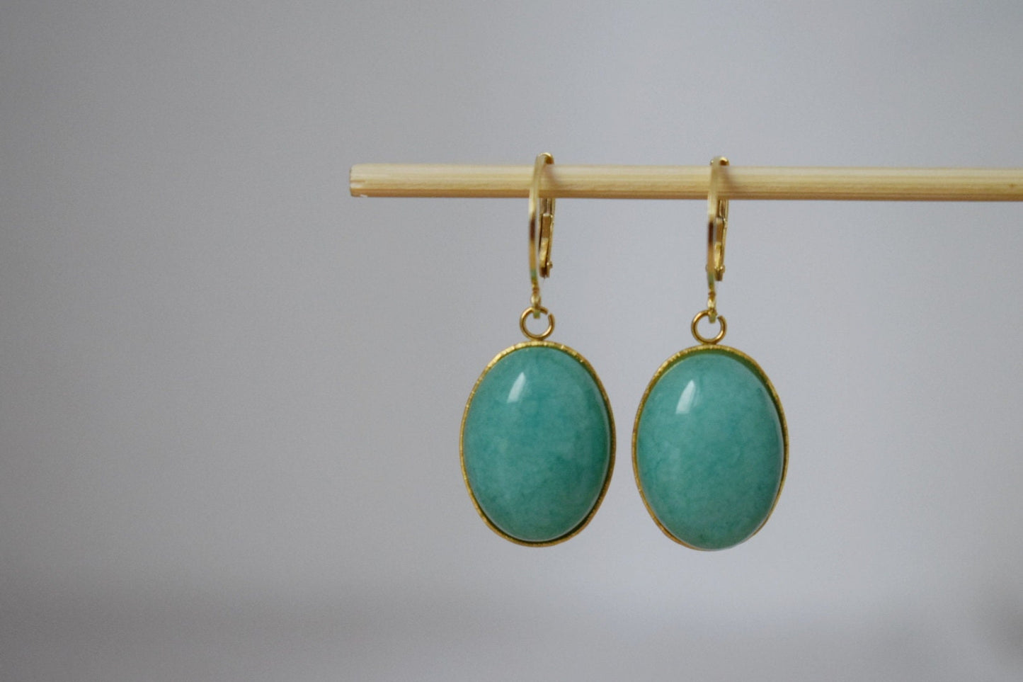 Huggie hoop earrings with Turquoise Jade, Oval stone pendant dangle drop lever back earrings, Stainless steel, Small jewelry gift for her
