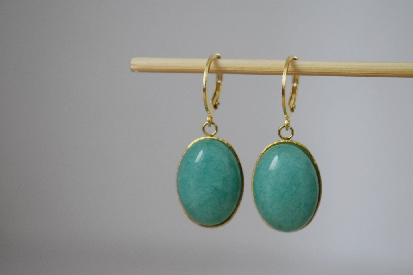 Huggie hoop earrings with Turquoise Jade, Oval stone pendant dangle drop lever back earrings, Stainless steel, Small jewelry gift for her