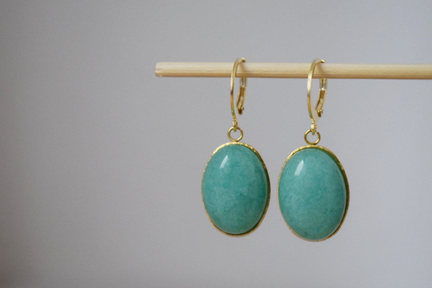 Huggie hoop earrings with Turquoise Jade, Oval stone pendant dangle drop lever back earrings, Stainless steel, Small jewelry gift for her