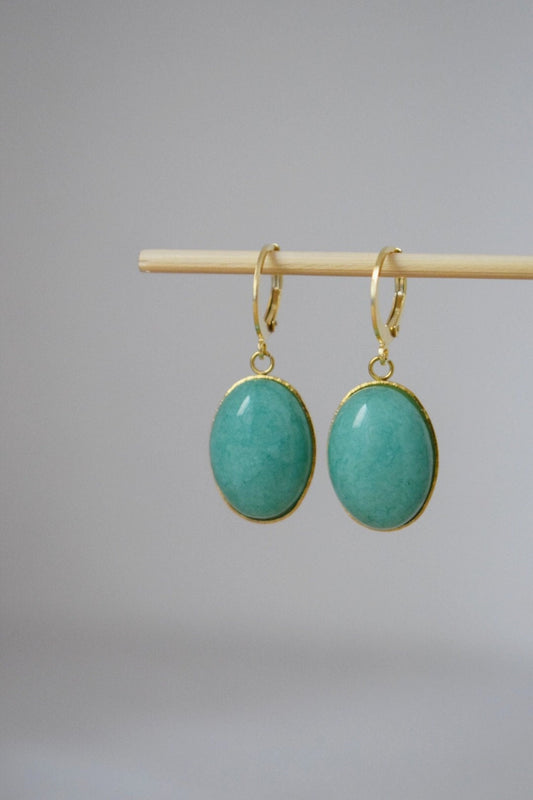 Huggie hoop earrings with Turquoise Jade, Oval stone pendant dangle drop lever back earrings, Stainless steel, Small jewelry gift for her