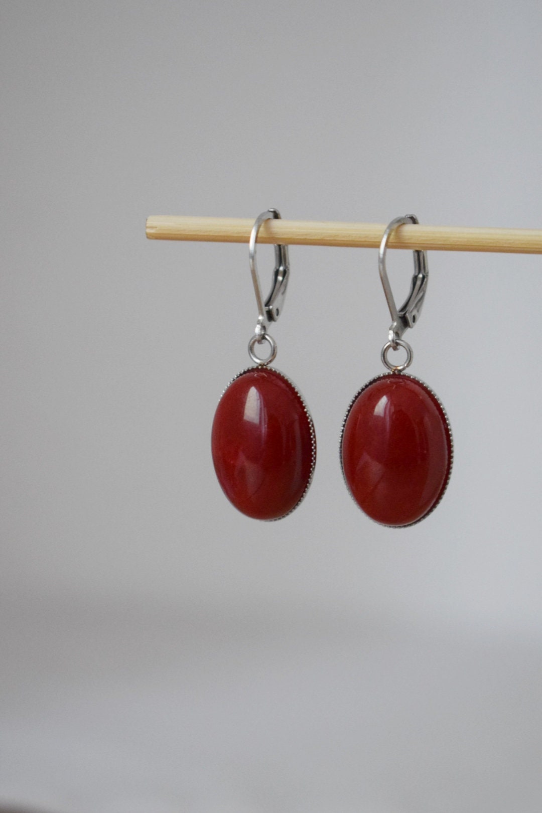 Jade earrings, Dark red jade huggies, Oval gemstone dangle earrings, Boho jewelry, Unique gift for her