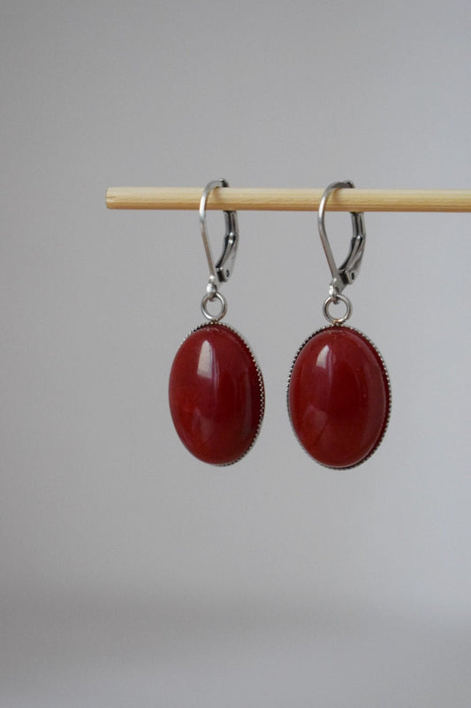Jade earrings, Dark red jade huggies, Oval gemstone dangle earrings, Boho jewelry, Unique gift for her