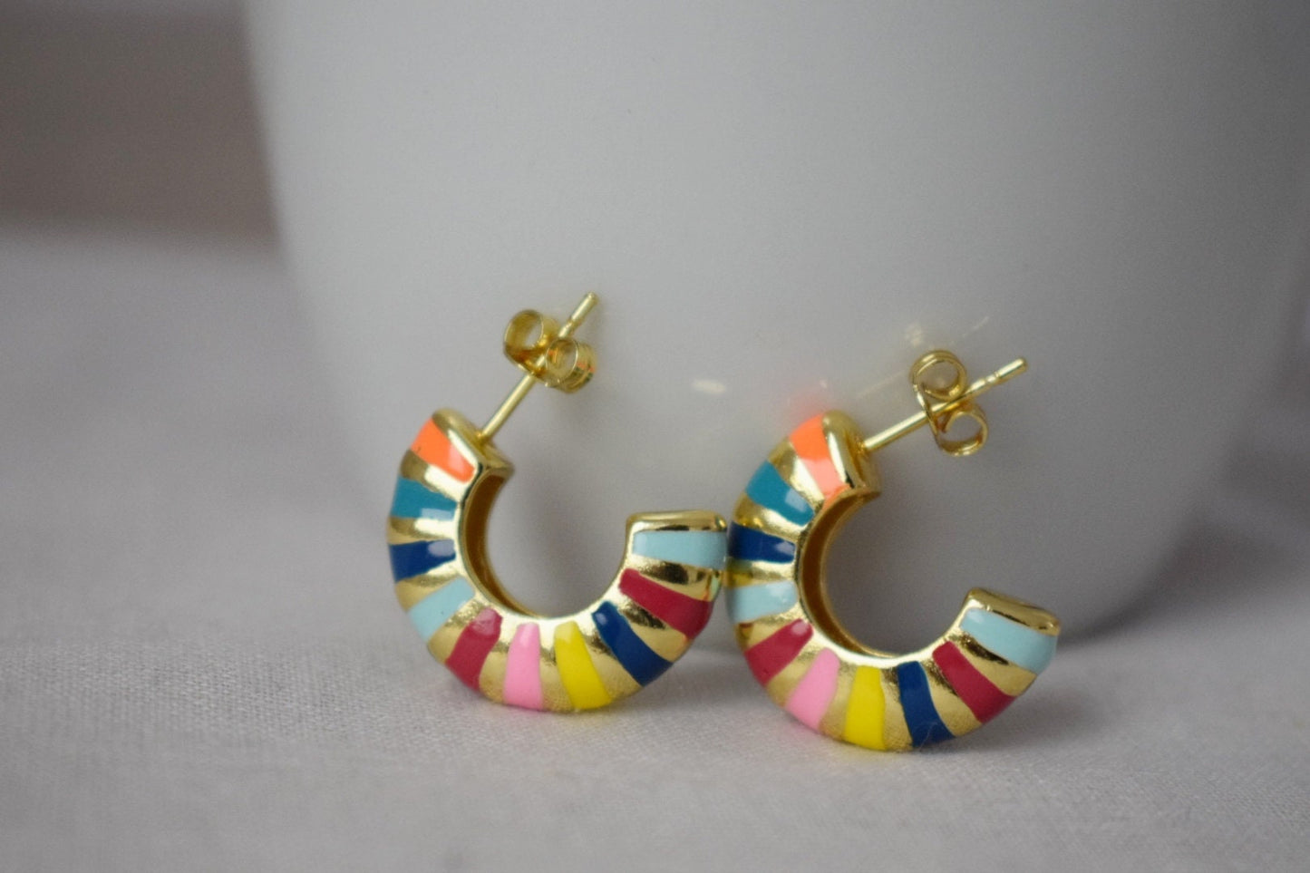 Half hoop colorful enamel stud earrings, Semi circle earrings, 18k gold plated C shape earrings, Statement chunky hoops, Modern, Gift women