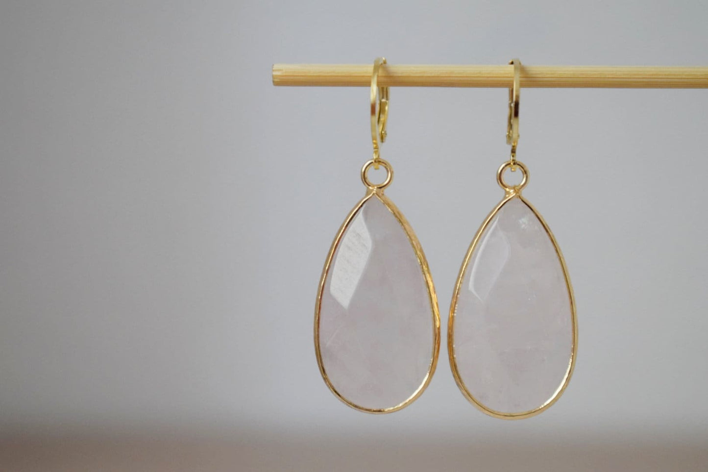 Teardrop rose quartz huggie earrings, Long gold plated gemstone earrings, Faceted pink pendant, Stainless steel, Rose quartz jewelry, Gift
