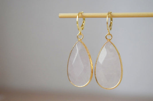 Teardrop rose quartz huggie earrings, Long gold plated gemstone earrings, Faceted pink pendant, Stainless steel, Rose quartz jewelry, Gift