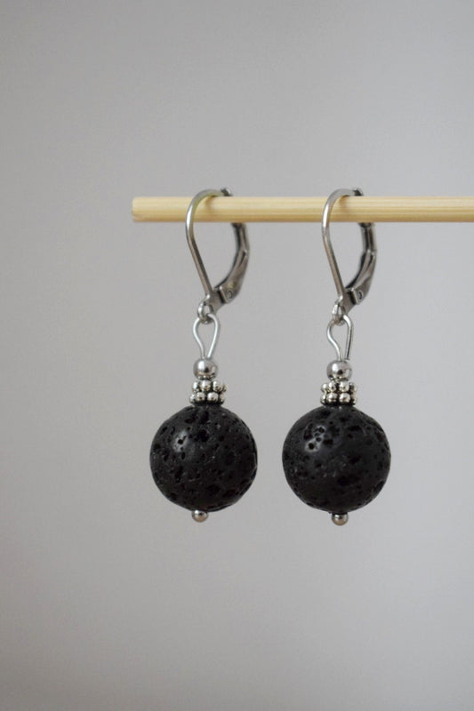 Lava stone bead earrings silver, Black gemstone huggie hoops, Lava rock, Diffuser Jewelry, Lever back, Stainless steel, Essential oil, Gift