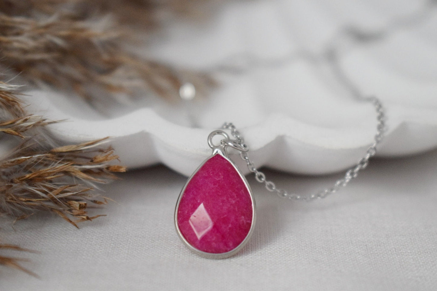 Pink Jade Teardrop Necklace, Camellia Color, Gemstone Drop Pendant, Faceted Stone, Statement Jewelry, Stainless steel, Handmade Gift for her