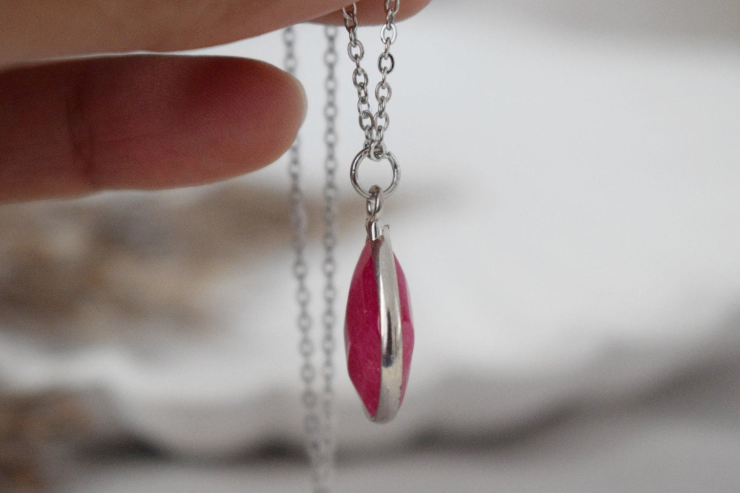 Pink Jade Teardrop Necklace, Camellia Color, Gemstone Drop Pendant, Faceted Stone, Statement Jewelry, Stainless steel, Handmade Gift for her