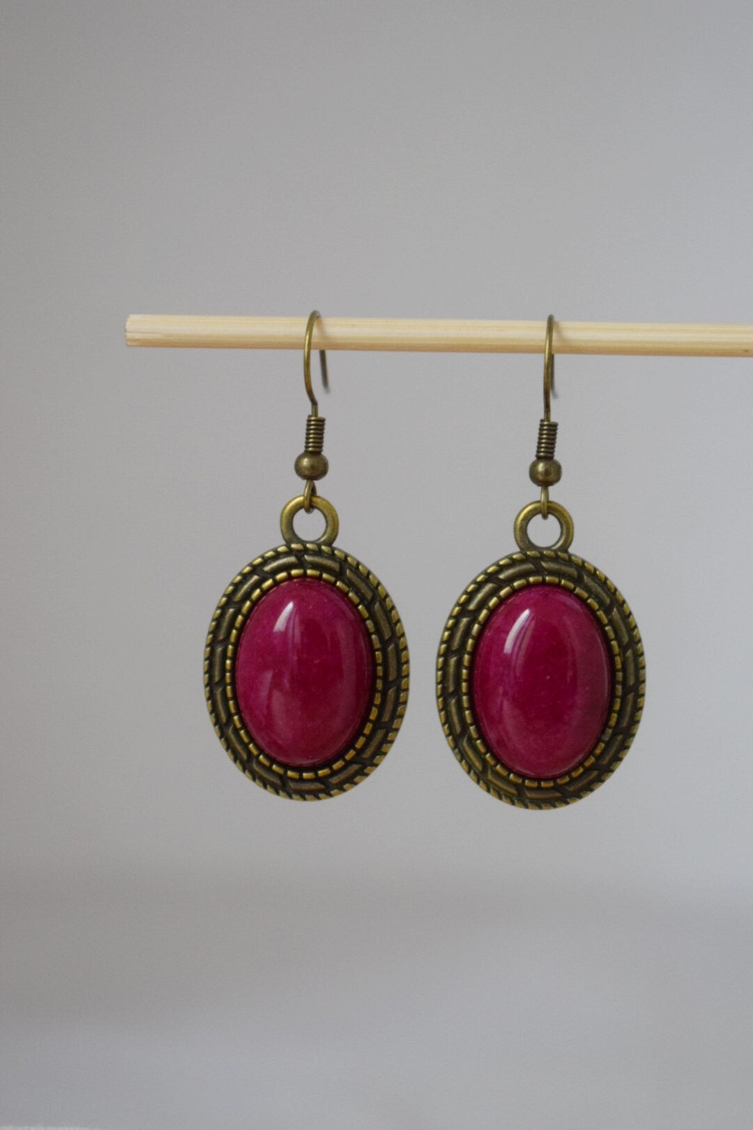Vintage red jade dangle earrings, Burgundy red gemstone, Stone bronze oval pendant hanging, Statement filigree earrings, Jewelry gift women