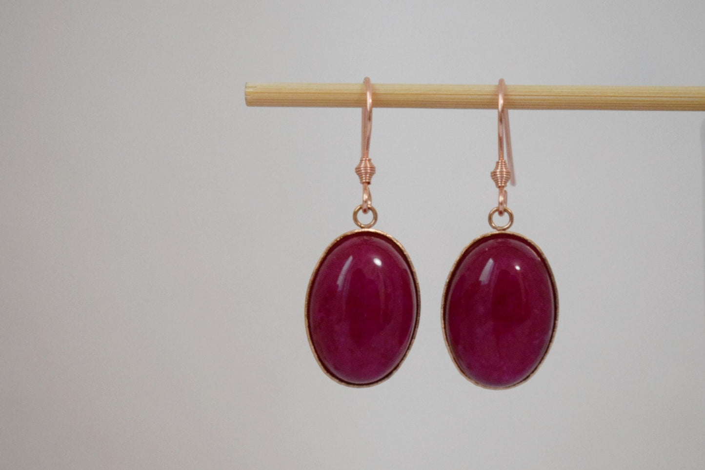 Violet Red Jade Dangle Earrings, Oval Gemstone Hanging Earrings, Rose Gold Plated Stainless Steel, Jade Jewelry For Women, Gift For Her