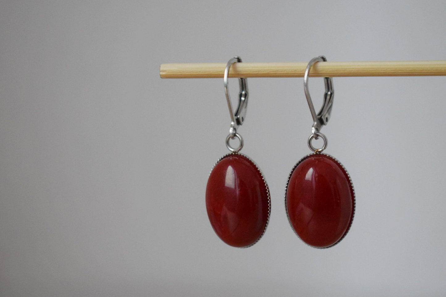 Jade earrings, Dark red jade huggies, Oval gemstone dangle earrings, Boho jewelry, Unique gift for her