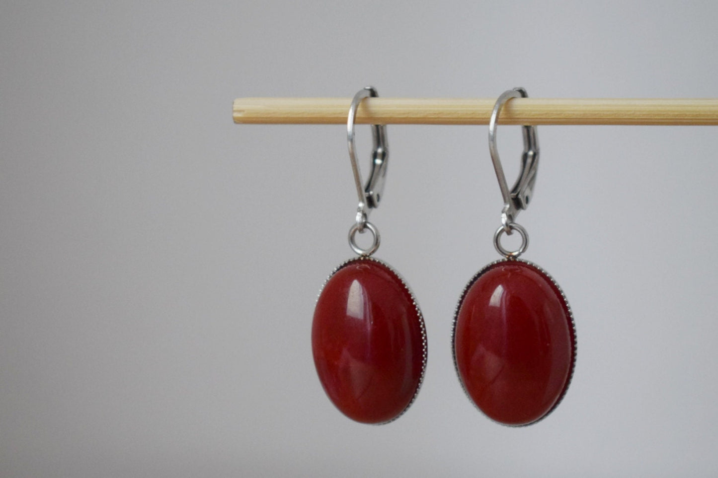 Jade earrings, Dark red jade huggies, Oval gemstone dangle earrings, Boho jewelry, Unique gift for her