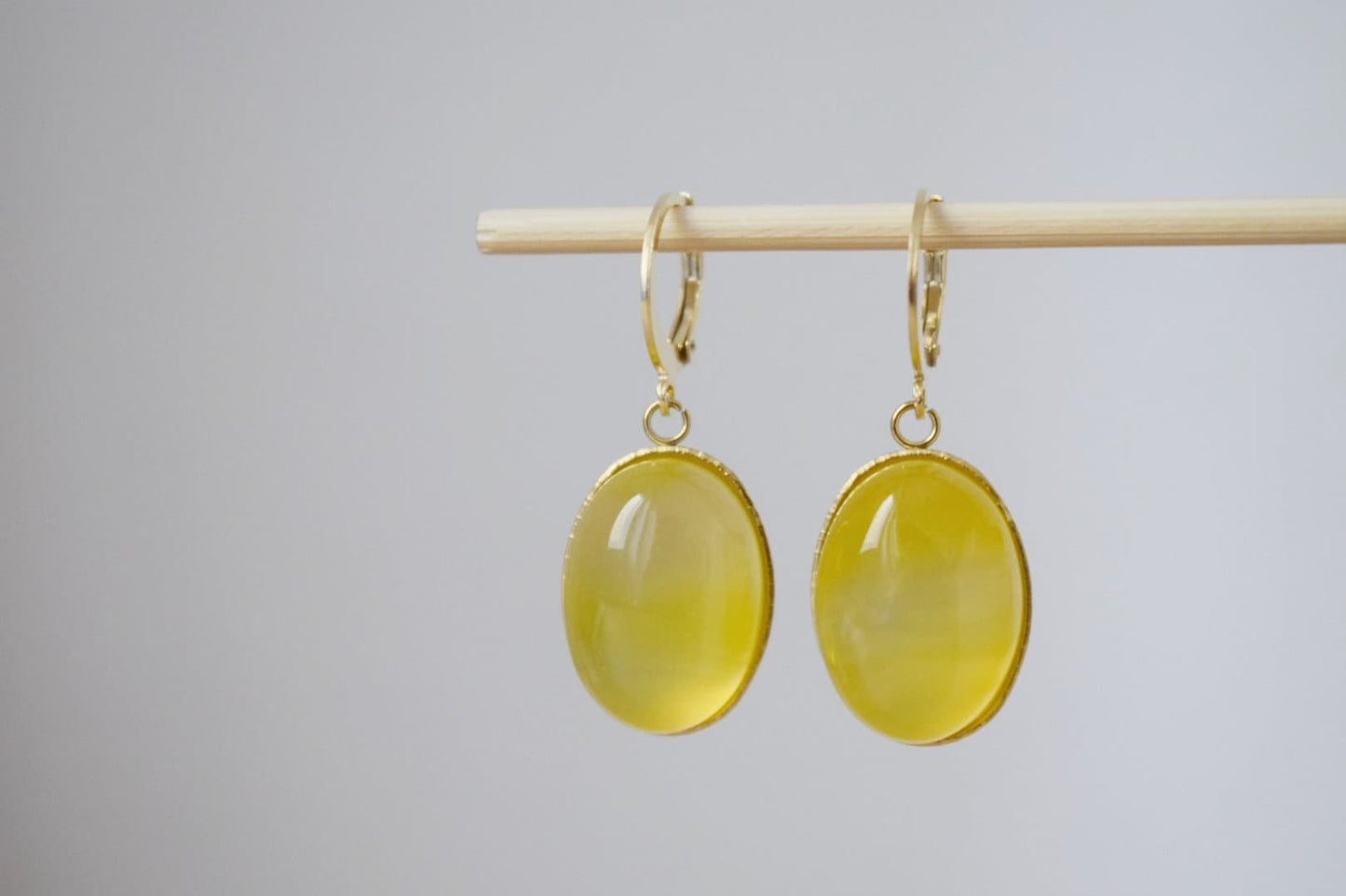 Yellow agate earrings, Oval gemstone dangle huggie hoops, Natural Stone hanging earrings, Handmade jewelry, Mother's day Gift for her