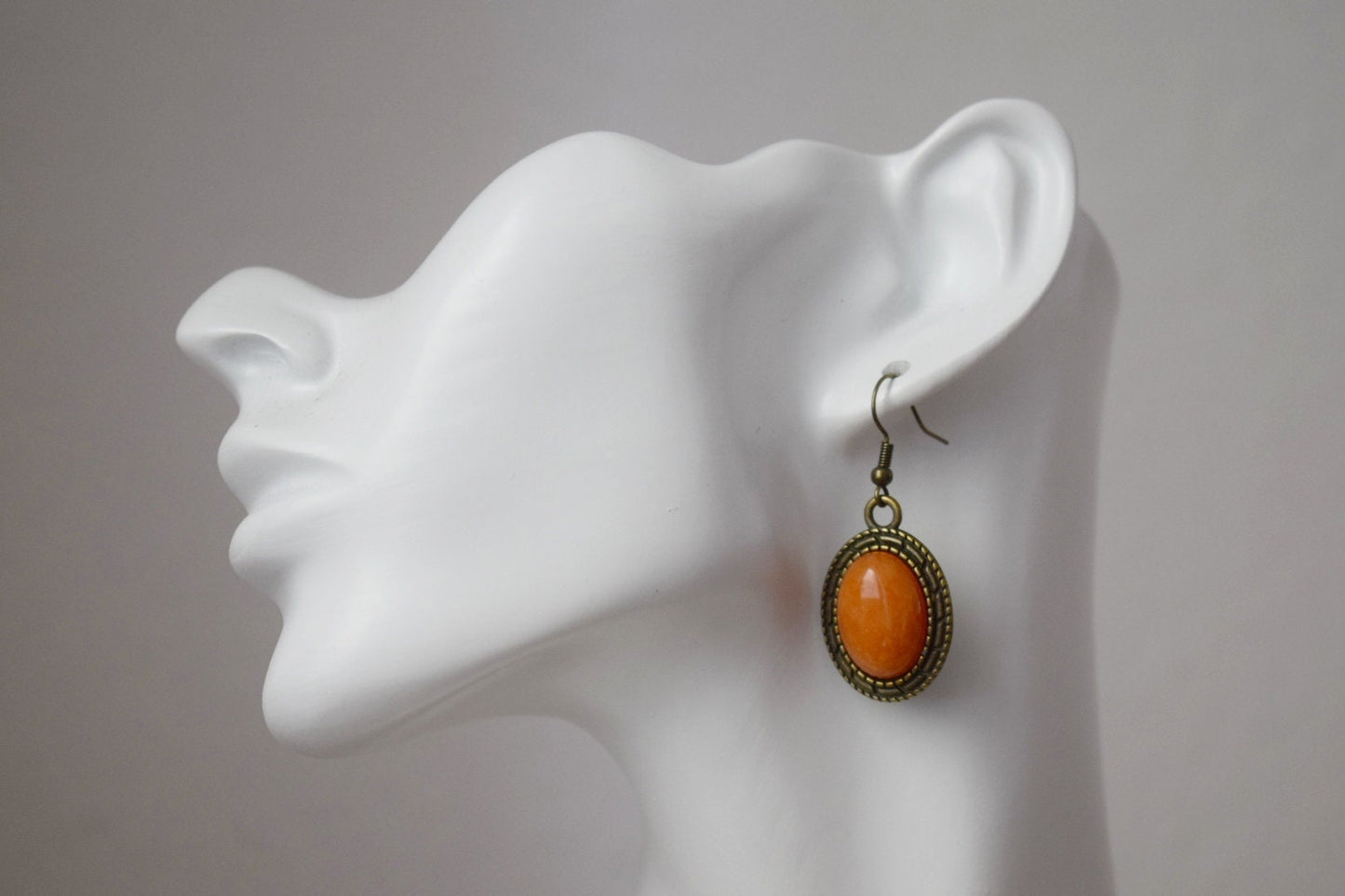 Vintage orange jade dangle earrings, Oval gemstone, Stone bronze pendant hanging, Statement filigree earrings, Boho, Jewelry gift women