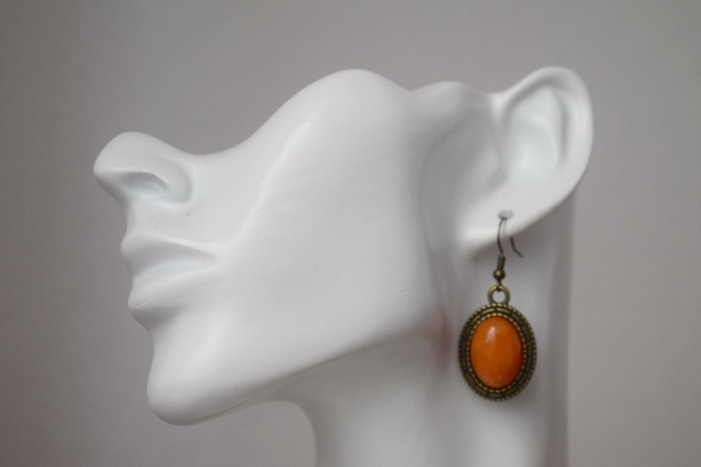 Vintage orange jade dangle earrings, Oval gemstone, Stone bronze pendant hanging, Statement filigree earrings, Boho, Jewelry gift women